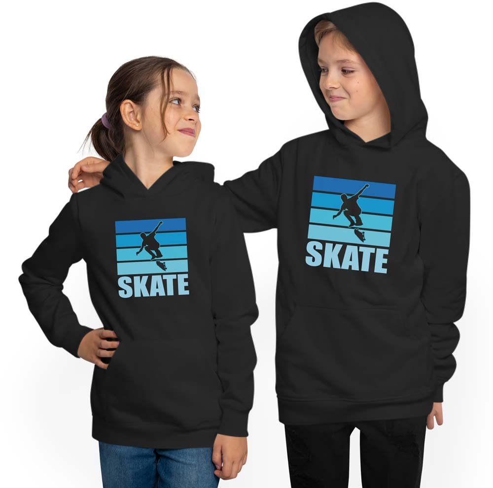 Skater Hoodie Kids Hooded Sweater - Jumping Skater on Blue Background i549